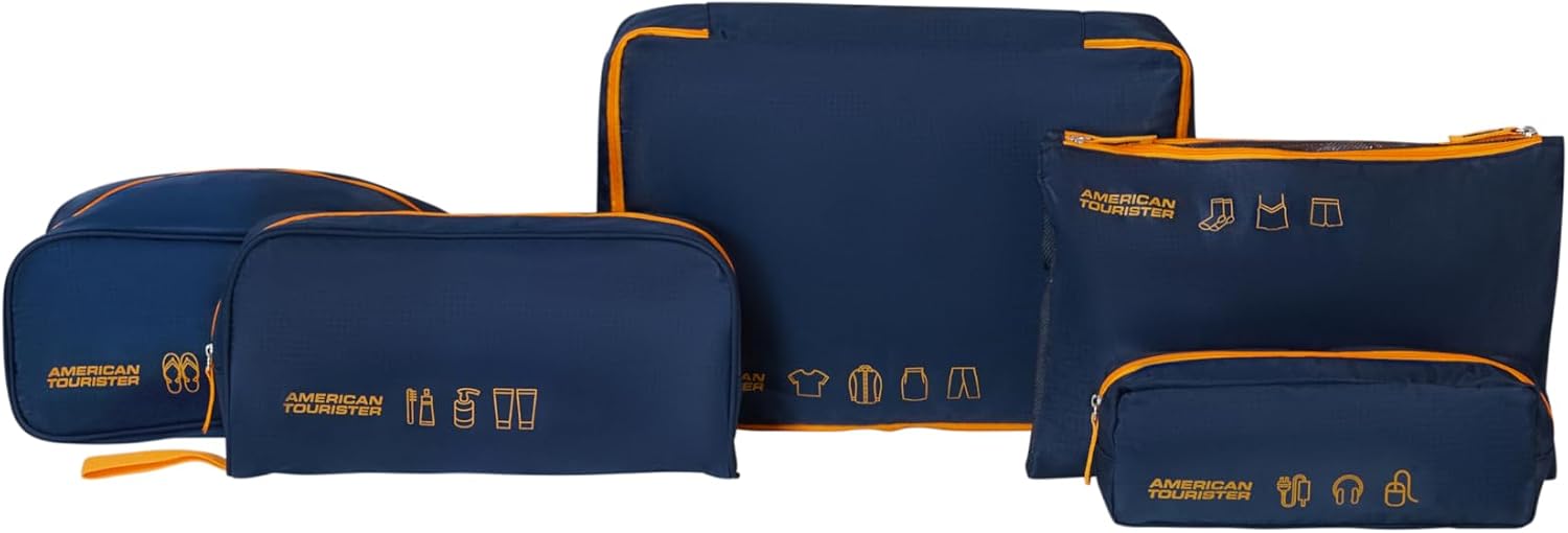 American Tourister Packing Cube Set 5 Pieces - Travel Organiser & Suitcase for Clothes, Shoes and Accessories, Luggage Organiser for Suitcases and Hand Luggage, Dark Blue/Orange