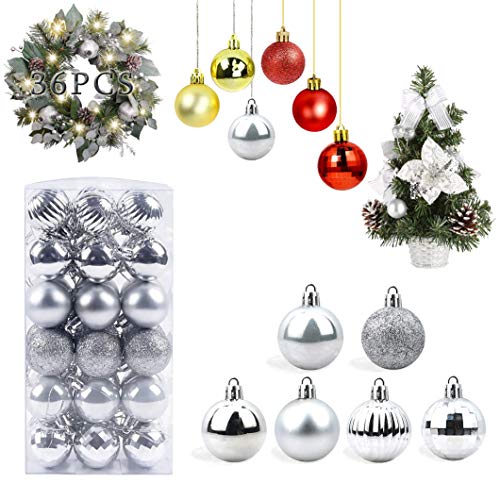 WELLXUNK Bolas de Navidad, 36 Bolas de Decoración Navideña, Bolas de Adornos Navideños BrillantesNavideño para Colgar en la Pared Adornos (Plata)