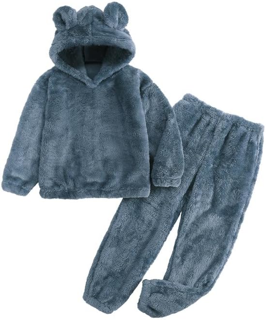 Flygo Girls Fuzzy Pants Set Crop Hoodie Bear Ear Two Piece Outfits Fluffy Sweatshirt and Fleece Pants Sweatsuit