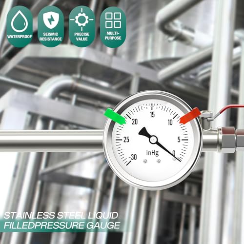 Image of -30-0PSI Stainless Steel Liquid Filled Pressure Gauge, 2.5 inch Single Scale Face Dial, 1 /4 inch NPT Back Mount, for Tube, Water Pump, Gas, Liquid, Pressure Test (with Range Mark Pointer)