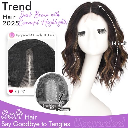 Image of Eawwii Dark Brown Highlights Wigs for Women,Short Wavy Synthetic Lace Wig | Glueless 4x1 Lace Hairline, Heat-Resistant Fiber,Bob Wave Style,Natural Appearance for Everyday Cosplay 14 Inch