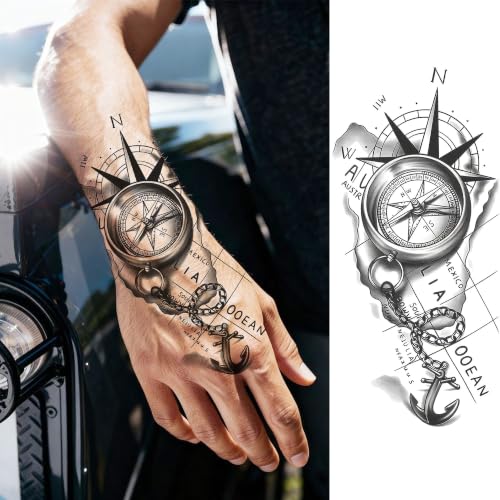 Image of Bilizar 12 Sheets Creative Compass Anchor Temporary Tattoos For Men Women Adults Forearm Tattoo Sticker, Realistic Viking Totem Fake Tattoos Half Arm Sleeve Arrow Chains Tatoos Waterproof Long Lasting