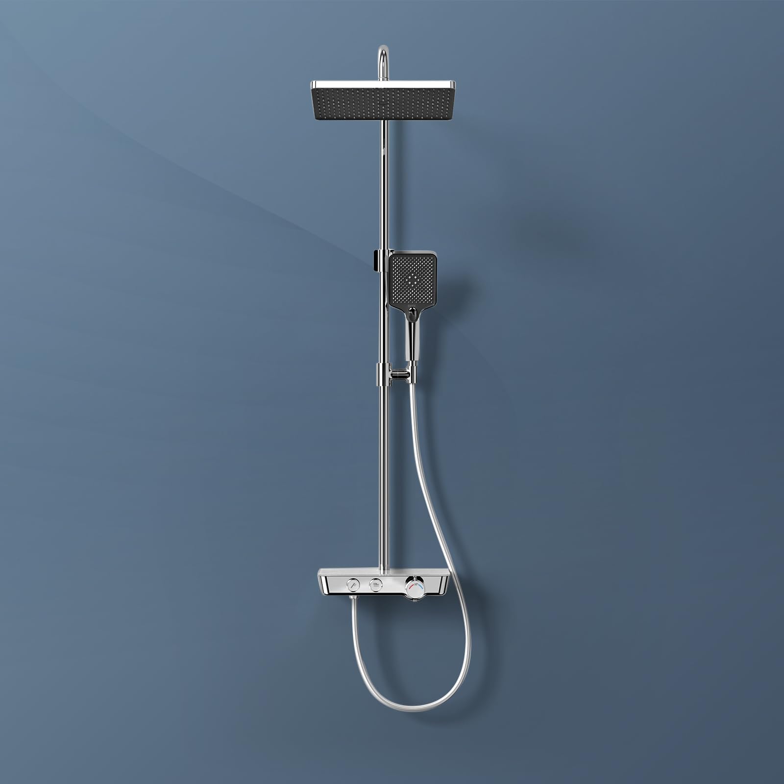 EMKE Sistema de ducha con termostato, juego completo con ducha de lluvia, termostato, columna de ducha de mano con 3 chorros, certificado KTW, set de ducha con estante de cristal, cromo
