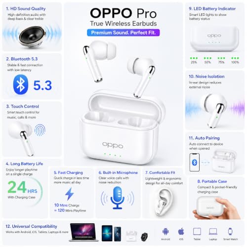 Image of Oppo Pro True Wireless Earbuds with Charging Case, Bluetooth 5.3