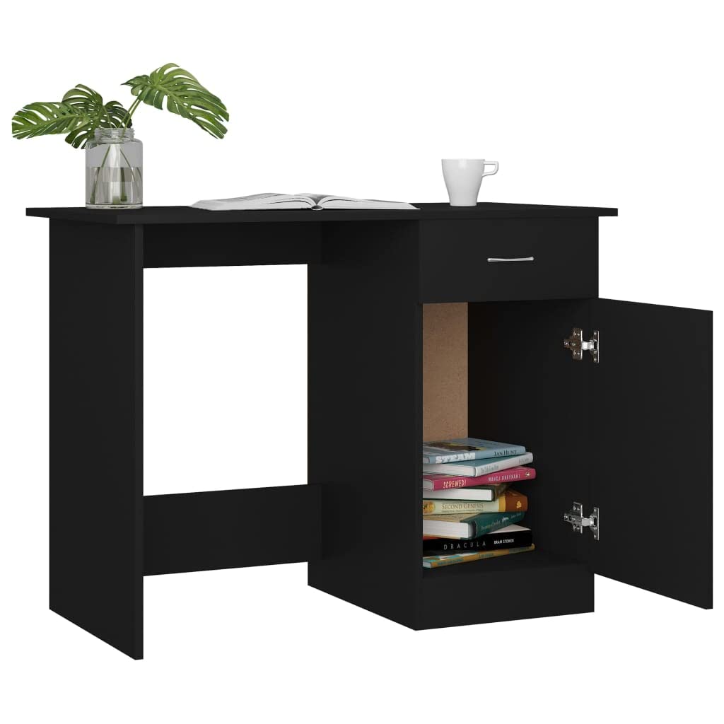 Scrivania moderna nera 100 x 50 x 76 cm, materiale in legno, con cassetto e porta, scrivania compatta per computer per casa, ufficio, giochi, cameretta dei bambini