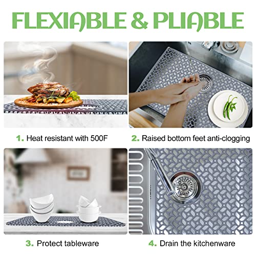 Justogo Silicone Sink Protector, Rear Drain Kitchen Sink Mat Grid Accessory 26.4"X14.4", 1 Pcs Grey Non-Slip Heat Resistant Sink Mats For Bottom Of Farmhouse Stainless Steel Porcelain Sink #TOP1