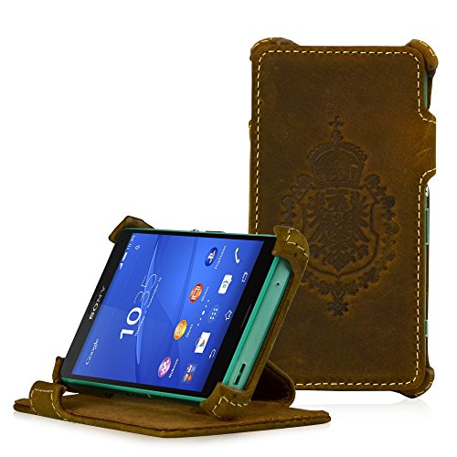 Manna - Custodia Ultrasottile per Sony Xperia Z3 Compact, in Pelle Nabuk, Marrone, con Supporto