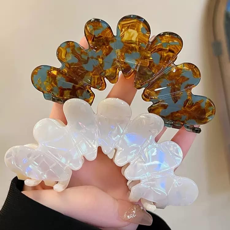 2PCS Hair Claw Flower hair clip Large Flower Hair Claw Clips for Thick Hair, Non Slip Strong Hold for Women Girls(White/coffee color)