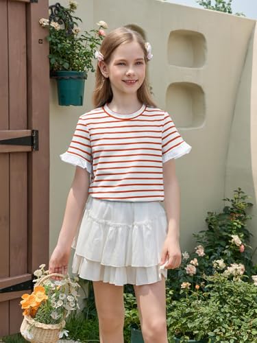 Image of Haloumoning Girls Striped Ruffle Short Sleeve T Shirts Kids Summer Crewneck Tops Casual Tees 5-14 Years