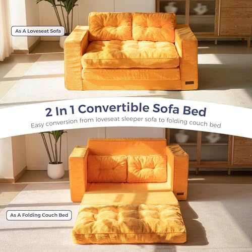MAXYOYO Convertible Sofa Bed, Pull Out Loveseat Sleeper Sofa, 2 in 1 Folding Couch Bed, Fold Out Floor Couch with Pillows for Living Room Bedroom Lounge, Orange
