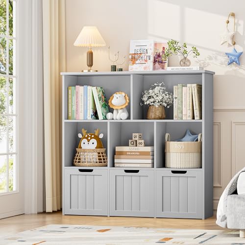 Image of FOTOSOK Toy Storage Organizer with 3 Movable Drawers, Floor Storage Cabinet Toy Organizer with Hidden Wheels and 5 Storage Cubbies, Multifunctional Toys Chest for Playroom, Grey
