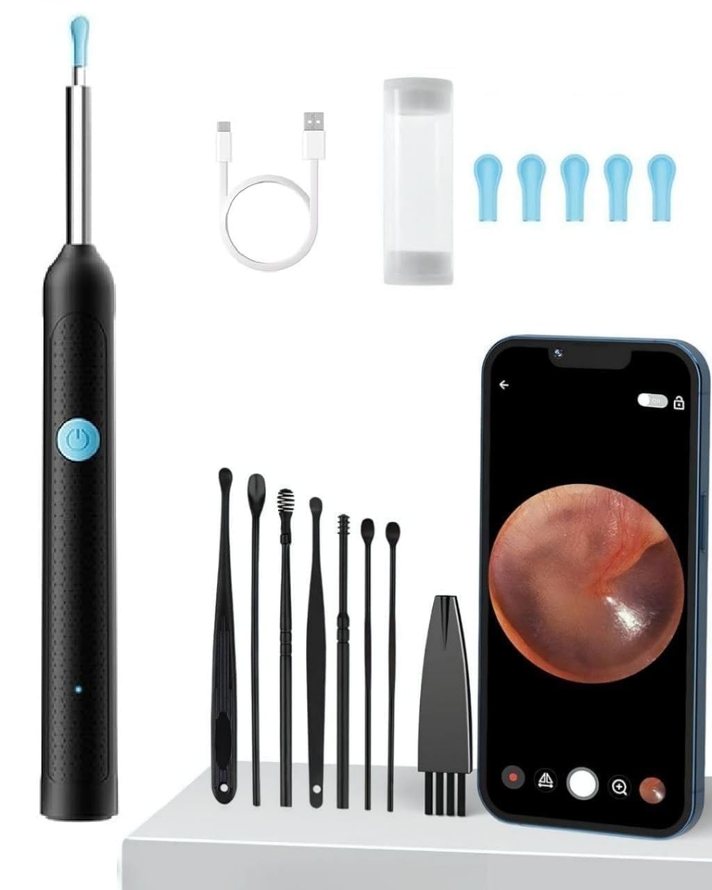 Earocam Earwax Removal Tool Kit with HD Camera WiFi Connection & 6 LED Lights Endoscope Tool Ear Cleaner Tool Set of 8, Otoscope with Light for iOS & Android Kids Children Adults Gift Gadget