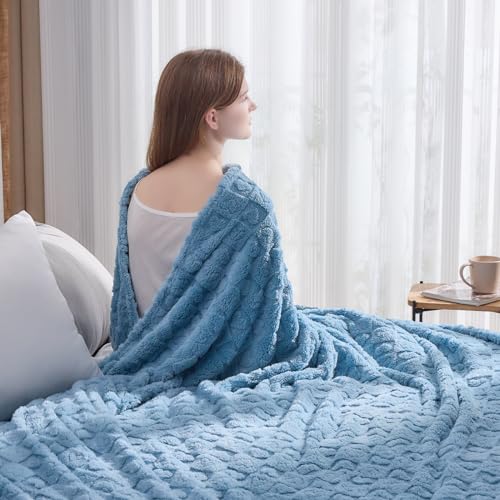 NEWCOSPLAY Super Soft Queen Blanket Blue Premium Silky Flannel Fleece 3D Heart Checkered Lightweight Bed Blanket All Season Use (Blue Heart, Queen(90"x90"))