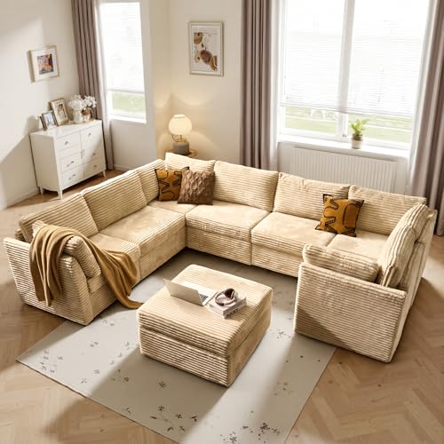 Image of ovios Modular Sectional Sofa Couch with Sofa Bed L-Shape Chaise, Comfy Plush Corduroy Cloud Couches, Modern Luxury Deep Seat Sofas Set for Living Room, 8-Seater, Beige
