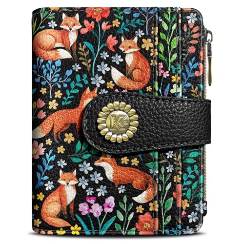 Image of Kelvoris Cute Floral Fox Flowers Boho Small Rfid Women Wallet Coin Pocket | Bifold Zipper PU Leather Compact Cash Credit Card Holder Travel Purse for Female Ladies Teen Girls 1 ID Window 10 Card Slots