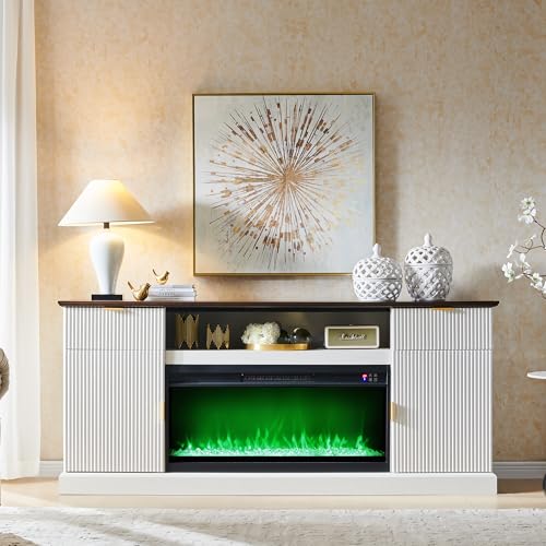 IFGET Fluted Fireplace TV Stand for TVs Up to 80 inch, Modern Entertainment Center with 36\" Electric Fireplace, Wood Media Console w/Drawers and Adjustable Shelves for Living Room, Antique White - Thumbnail 6