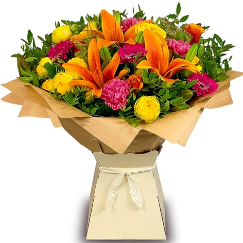 Hawaiian Sunset Bouquet - Vibrant Fresh Flowers with Orange Roses, Lilies, and Cerise Germini - Perfect for Birthdays, Anniversaries, and Thank You Gifts