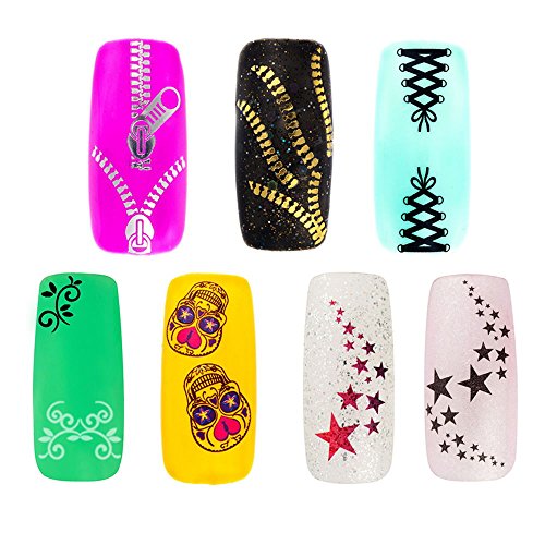 Premium Nail Art Decorations Set Kit of Nails Stickers Decals With 7 Different Designs of Laced Corsets, Skulls, Stars, Floral Patterns, Zippers Zips By VAGA