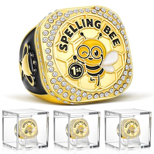 Tondiamo 3 Sets Spelling Bee Championship Trophy Ring 1st 2nd 3rd with Display Case and Stand Holder Championship Ring Winner Trophies Medals Gift for Award Ceremony Decorations