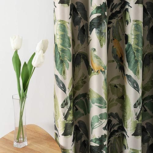 Leeva Room Darkening Heavyweight Curtains for Sliding Door, Thermal Insulated Green Leaves Macaw Print Blackout Window Treatment Decor Drapes for Bedroom, 2 Panels, 52×84