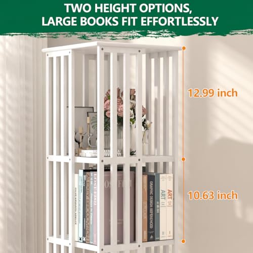 Image of Lauxery 6 Tier Bamboo Rotating Bookshelf Tower, Revolving Bookcase, White | 1200 lbs capacity, small footprint, 360 degree rotation, dual shelf heights, holds books and DVDs, for living room, bedroom