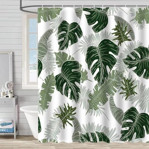 FAIRYGATE Anti Mould Shower Curtain Wet Room Green Leaves Print Bathroom Bath Curtains Jungle Tropical Leaf Mould Proof Resistant Washable Long Waterproof Polyester B8117