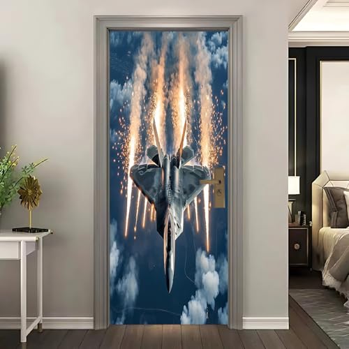 Sticker de porte 90x200 cm avion de combat moderne décoratif 3D