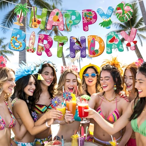 Image of Hooqict Happy Birthday Banner Hawaiian Birthday Decorations Colorful Hawaii Party Banner Garland Sign for Summer Tropical Hawaiian Luau Party Decorations
