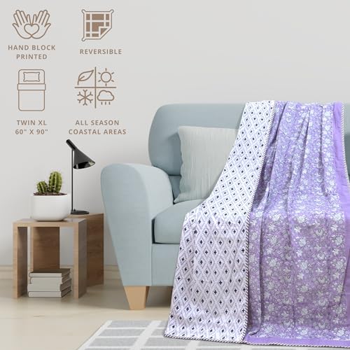 Image of TOAIArt Premium Jaipuri Dohar | AC Blanket Summer Quilt | Hand Block Printed | 3 Layers | Reversible | 150GSM 100% Mulmul Cotton | 100% Cotton Flannel Filling | Single 60 inch X 90 inch |Lavender Kalamkari