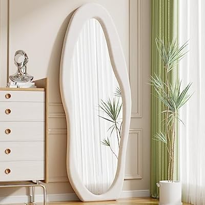 Dewfig Full Length Mirror, 63" x 24"Irregular Mirror, Large Floor Length Mirrors Wall Mounted, Standing Mirrors with Flannel Wrapped Wooden Frame for Bedroom/Living Room, White