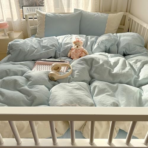 Image of VM VOUGEMARKET Blue Plaid Duvet Cover Set Queen Romantic Lace Duvet Cover with 2 Pillowcases Sky Blue Gingham Comforter Cover for Teen Girls