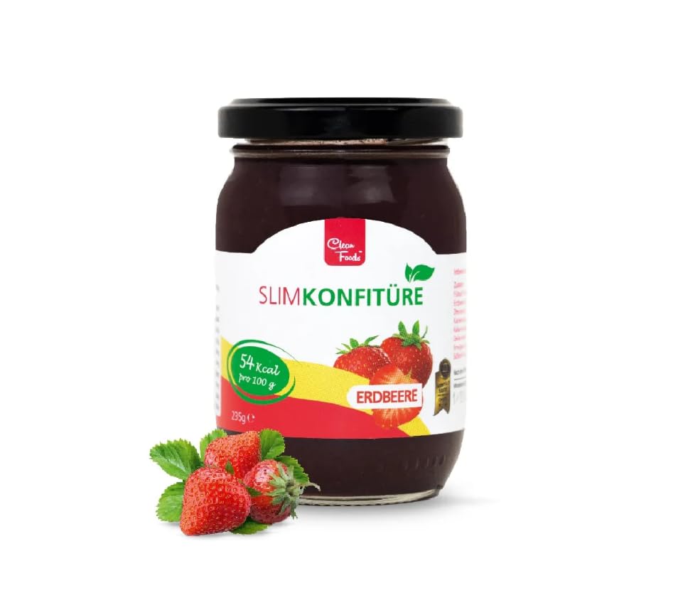 CleanFoods Mermelada 54 calorías sin azúcar I Mermelada de frutas I Fresa 235g I Libre de ingeniería genética I Solo 54 calorías por 100g l Vegano