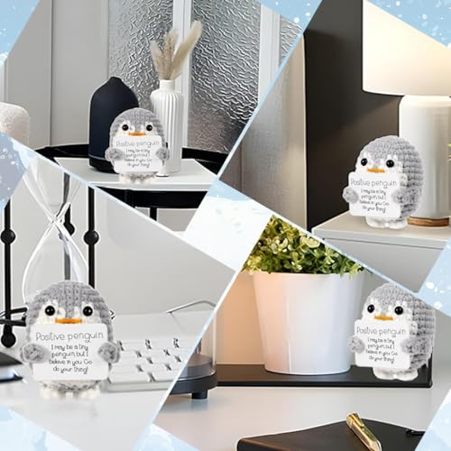 Image of Zibuyu Handmade Crochet Penguin Desk Decor with Positive Message Card Cute Motivational Crochet Toys Gift for Office Home Baby Nursery, Gery