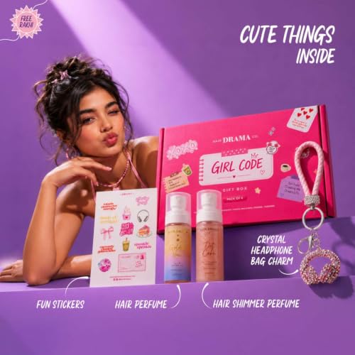 Image of Hair Drama Co. Girl Code Gift Box for Girls | Hair Perfume & Hair Shimmer Perfume with Rhinestone Bag Charm & Cute Stickers | Birthday, Party & Return Gift for Girls, Sisters & Best Friends - Set of 4