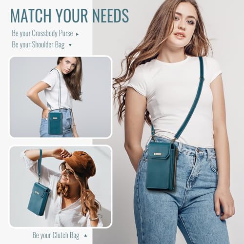 Small Crossbody Phone Purse with Shoulder Strap + Wristlet, RFID Blocking Cell Phone Holder Wallet Handbag, Built-in 10 Card Slots + Zip Pocket, Teal Green4
