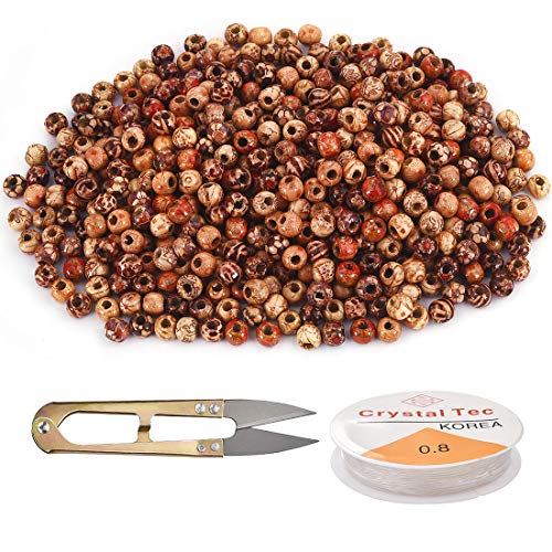 DROLE 500 PCS Multi Colors Round Wood Loose Beads with Scissors, Crystal Thread, Macrame Supplies Bulk Natural Painted Bead for Bracelets and Necklace Craft Jewelry Making (10mm)