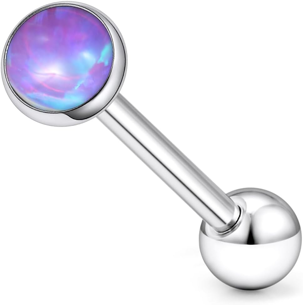 F136 Titanium Flat Buttom Multicolor Bezel Opal Tongue Rings Piercing Jewelry for Women Men 14g 5/8in 16mm Metal Tounge Barbell Charms Hypoallergenic