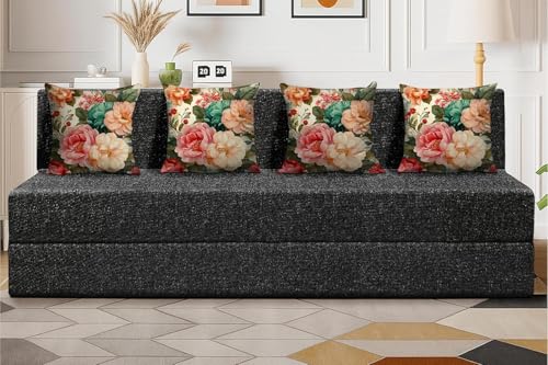 Image of Foldable 6x6-Feet 4 Seater Sofa Cum Bed, Sofa Bed, Jute Fabric- Washable Cover- Including 4 Cushion Perfect for Home-Black