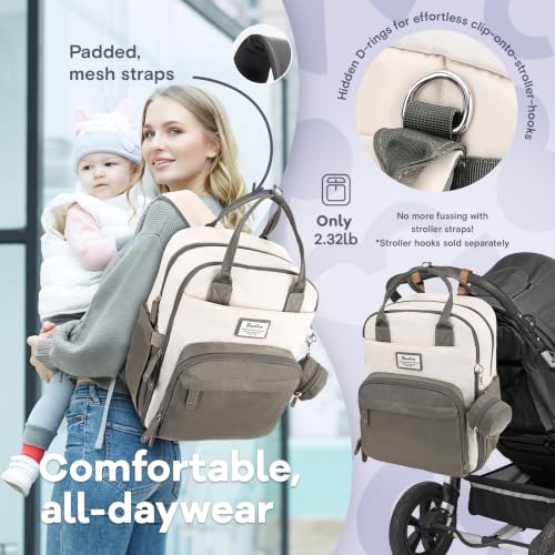 Image of RUVALINO Diaper Bag Backpack-Multifunction Baby Travel Bag with Changing pad, Insulated Bottle Holders & Pacifier Case, Large Capacity, Waterproof, Cream & Taupe