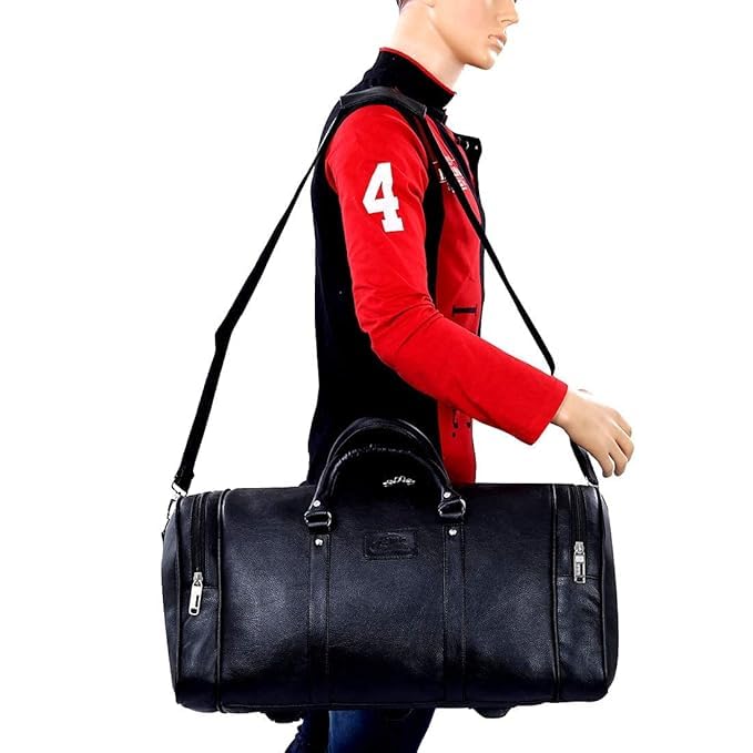 Image of Leather World Duffle Bag 55 L Brown Vegan Leather Weekender Travel Luggage Bag with Detachable Shoulder Strap for Men & Women (Black)