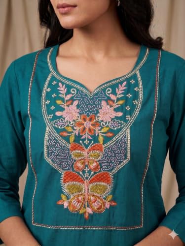 Image of Cotton Blend Embroidered Straight Kurta for Women | Cotton Blend | 3 /4 Sleeve | Round Neck V-Slit | Ethnic Wear Casual Wear