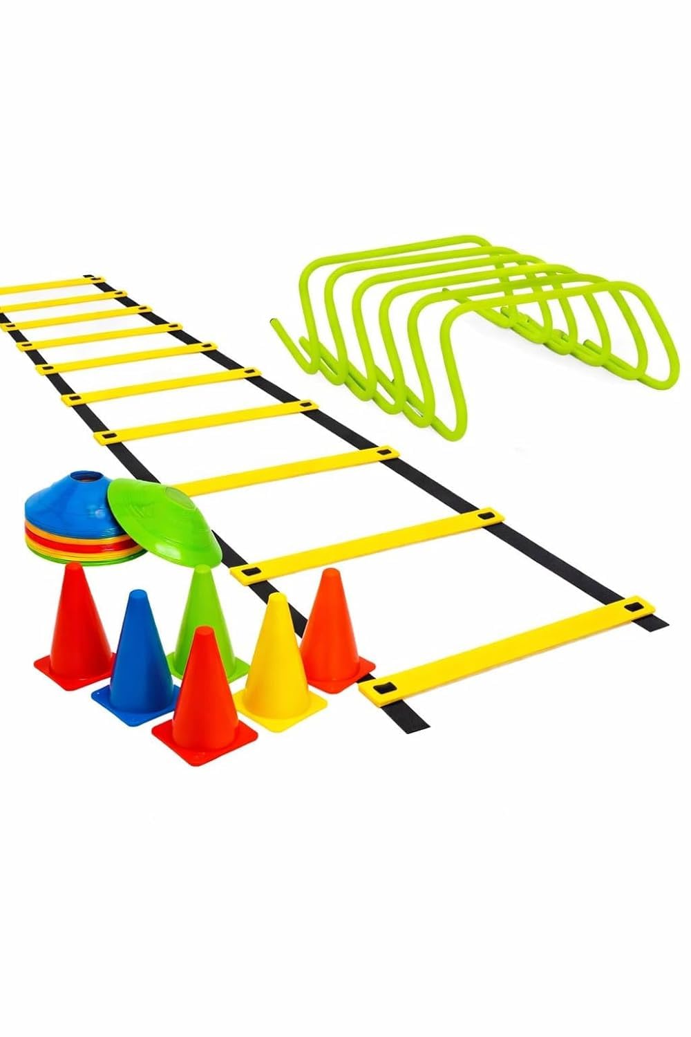 Fitness Combo 6 Pieces Speed Hurdle, 6 Pieces Stacking Cones, 10 Pc Multicolour Space Markers and 1 Pc Agility Ladder th 10 Rungs Multicolour Hurdles 6 inch Pack of 6