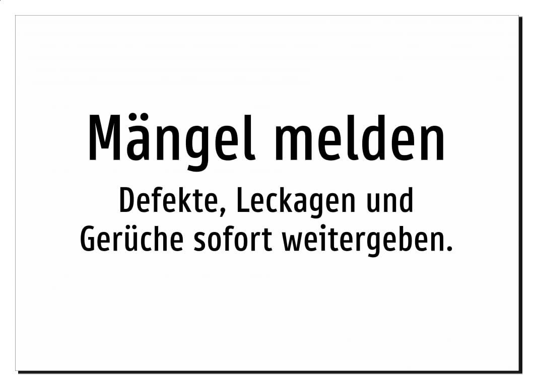 35998-DE-T-06 | Mängel melden - Defekte, Leckagen und Gerüche sofort | Aluminiumschild A5, 210 x 148mm | nur Text, ohne Symbolgrafik