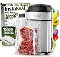 InstaSeal Vacuum Sealer for Food with 12 Bags, Preserves Foods 5x Longer, Space Saving Compact Upright Design Allows Machine to Seal Marinades, Soups, Meats for Sous Vide Cooking, Vegetables