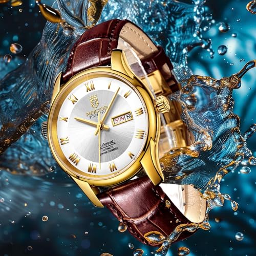 Image of ROCOSJEWE Men's Watch Fashion Automatic Watches for Men Men's Mechanical Watch Leather Strap Waterproof Calendar Week Gift RW0131, White, Business, Leisure, Fashion, Classic