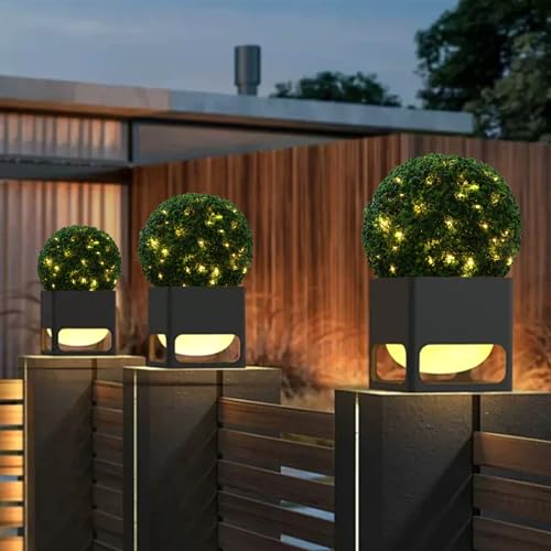 2 Pcs Lighted Topiary Ball Outdoor Pre-Lit Faux Boxwood Planter Filler Sphere, Artificial Topiary Ball， Decorative for Backyard, Balcony, Garden, Wedding Party, Home Office (15 * 15)