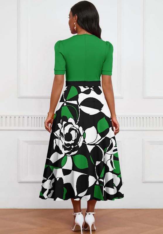 Image of MarryUP Women's Midi Dresses - V Neck Cocktail & Church Tea Dresses - Short Sleeve A-Line Swing Dress