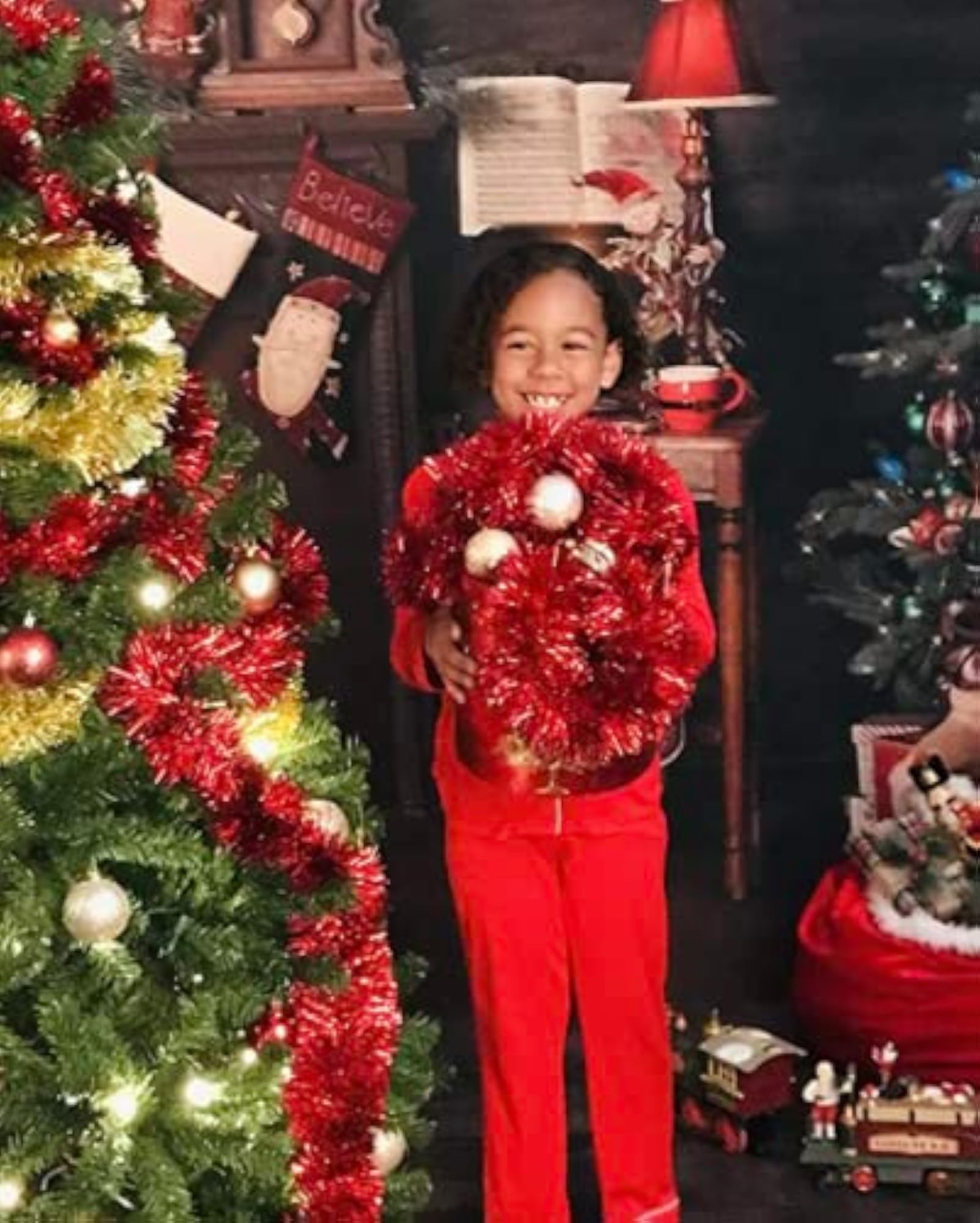 2 Pack Red Super Duper Thick Tinsel Garland, 50 Ft Total