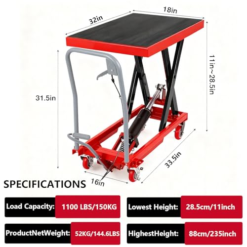 Image of Hydraulic Lift Table Cart, 1100 LBS Load Capacity 32 in Lifting Height, Manual Single Scissor Lift Table with Non-Slip Pad and 4 Wheels,Hydraulic Scissor Cart (1100 LBS - Single - Red Black)