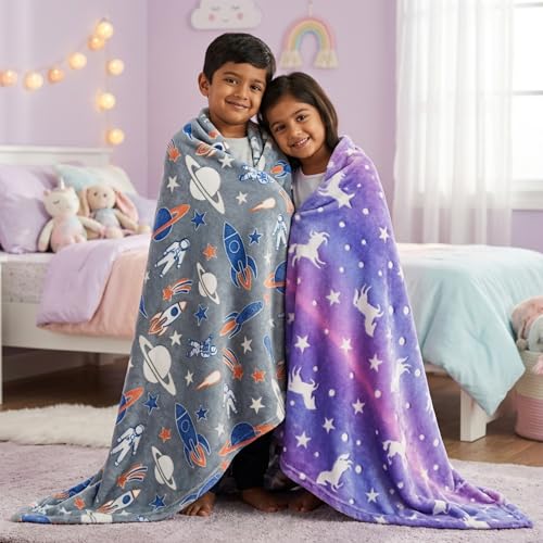 Image of Famyo Glow in the Dark Blanket Combo, Rocket & Purple Unicorn | 2 Soft Flannel Fleece Blankets, 200 x 152 cm, Double /Queen Size, Cozy All-Season Throw for Home & Bedroom